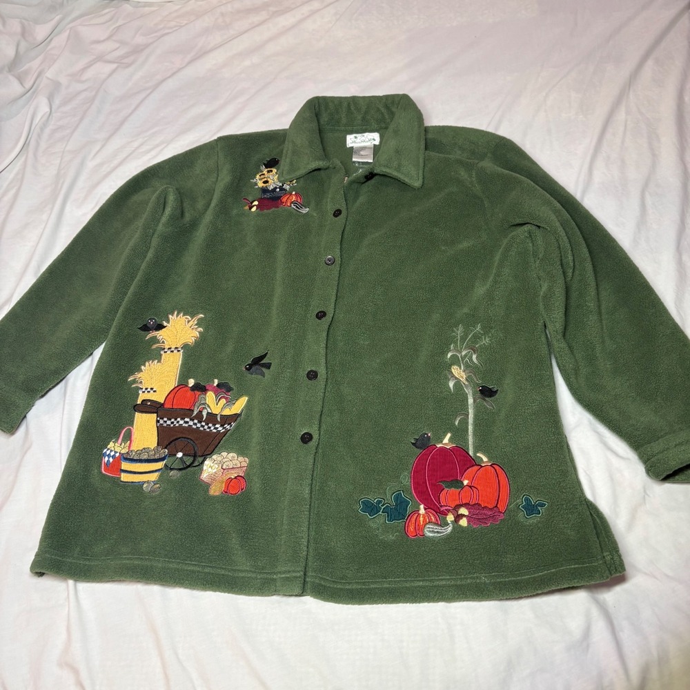 Quacker Factory Green Fleece Jacket Harvest Pumpkin Embroidery Womens 1X A56832